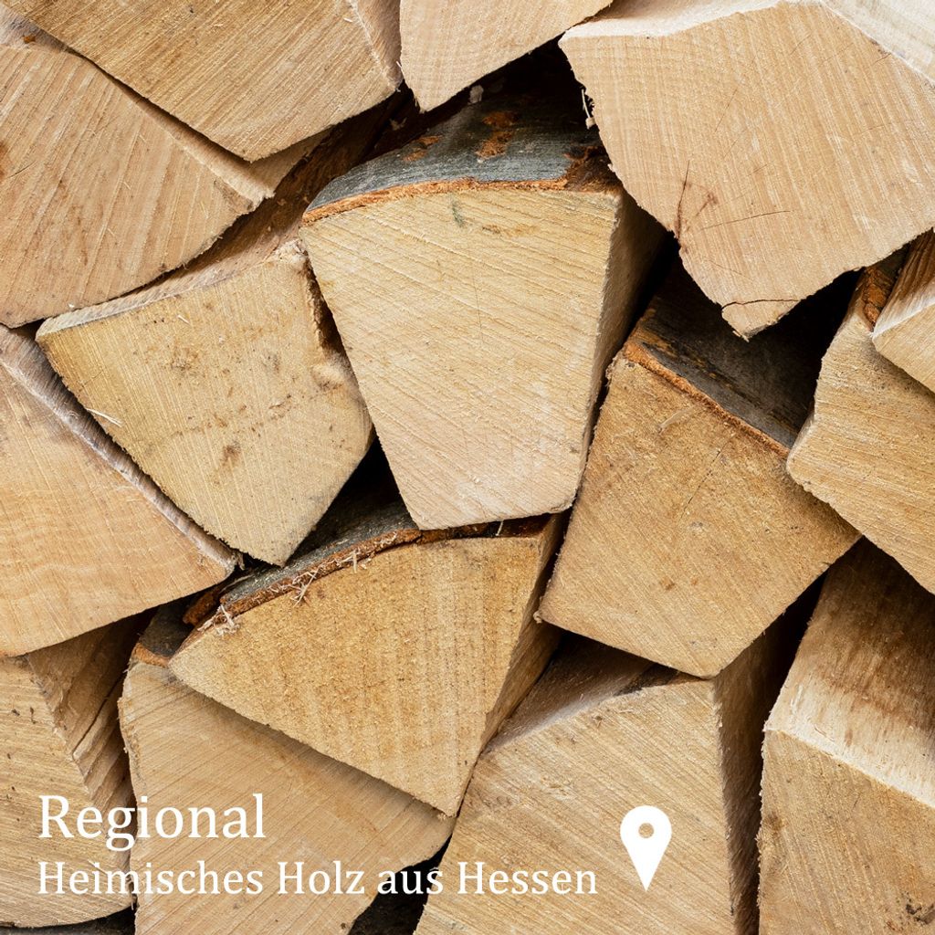 A stack of cut firewood with text overlay indicating it is regional wood from Hessen.