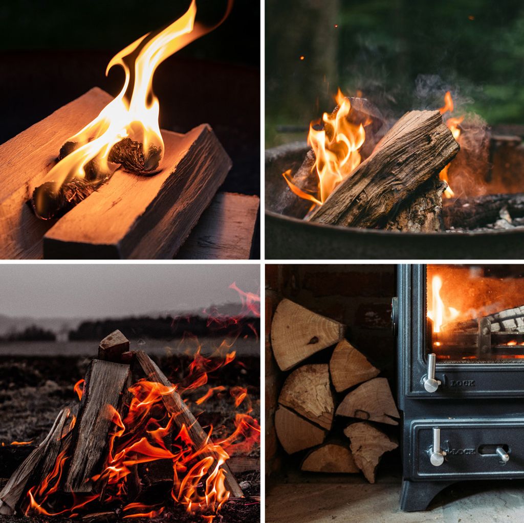 A collage of four images showing firewood burning in different settings.
