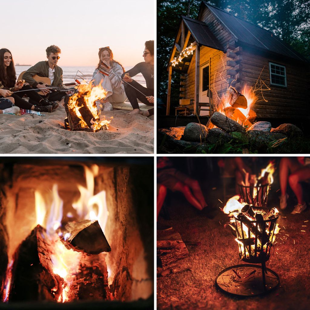 A collage of four images related to fire and wood, including people around a campfire, a log cabin with a fire, a close-up of a fireplace, and a fire pit.
