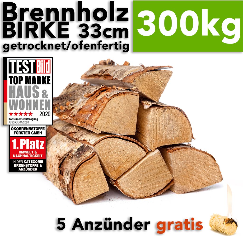 Brennholz Birkenholz 25cm Holzscheite im 300kg Karton für Produktbild 