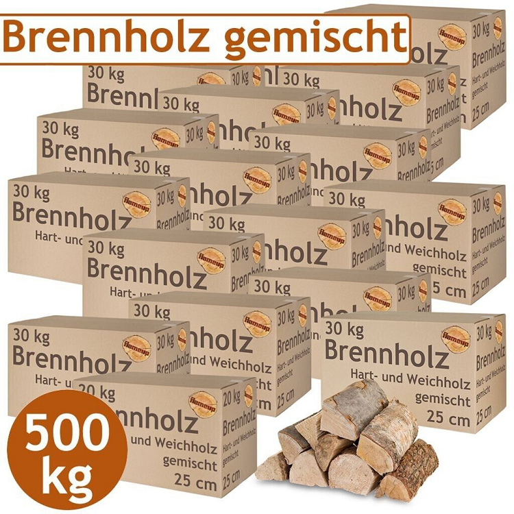 Kaminholz & Brennholz gemischt – Hartholz & Weichholz 25 cm | 500 kg Pakete