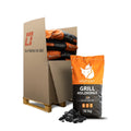 Heizfuxx Grillholzkohle Gastro-Qualität, 12x10kg Säcke auf Palette. Orange-schwarze Beutel, lose Holzkohle.