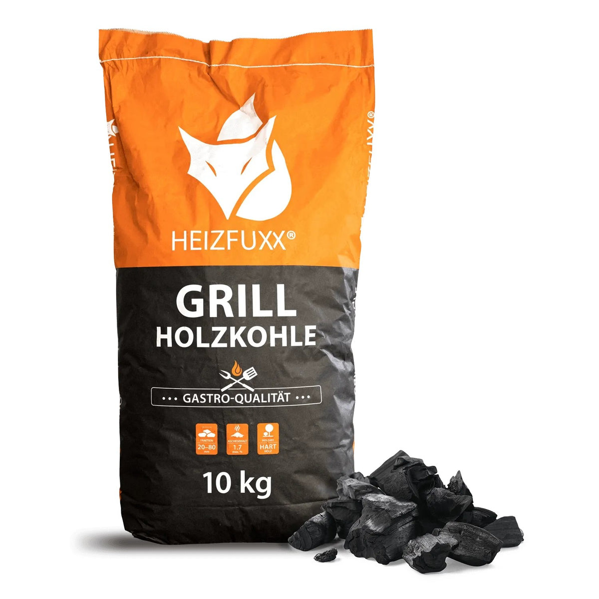 Heizfuxx Grillholzkohle Gastro-Qualität im 10kg Sack, daneben Holzkohle-Stücke. Für professionelles Grillen.