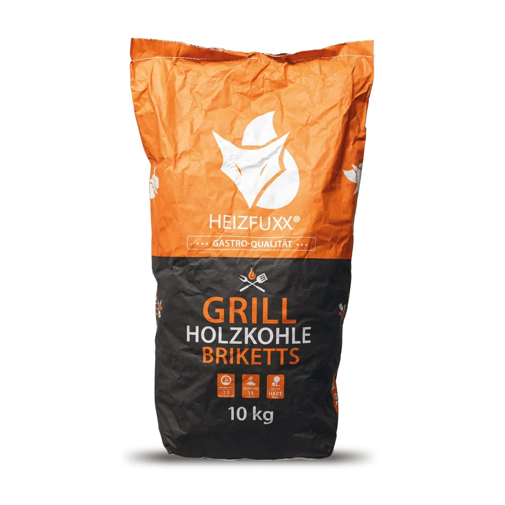 Heizfuxx Grillbriketts 10kg Sack, orange-schwarz, Gastro-Qualität aus Hartholz. Für lange Glut.