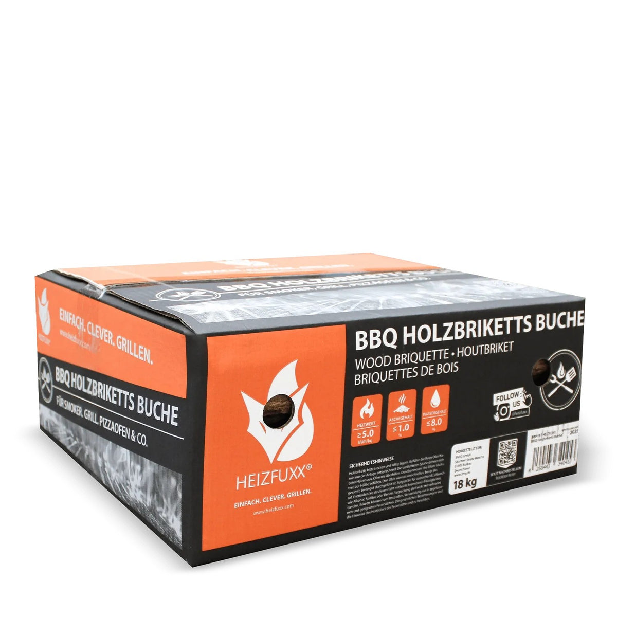 Heizfuxx BBQ Buchenholzbriketts 18kg in orange-schwarzer Box. Ideal für Grill, Smoker, Pizzaofen. Brennstoff.