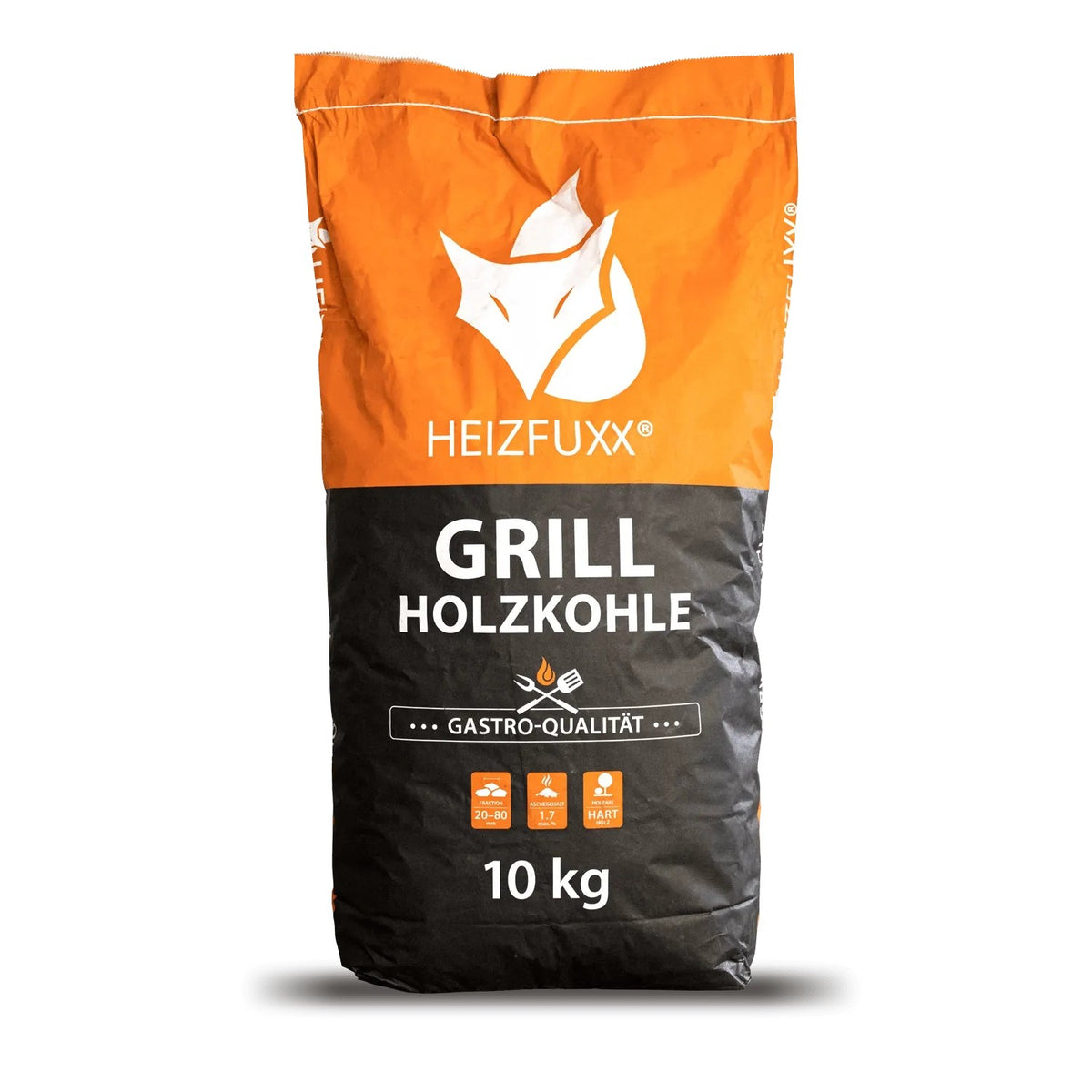 Heizfuxx Grillholzkohle Gastro-Qualität 10kg. Orange-schwarzer Sack Hartholz-Kohle für hohe Hitze, wenig Funkenflug.
