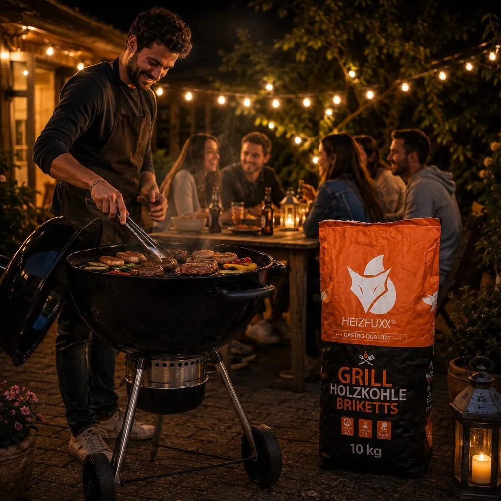 Mann grillt Burger und Gemüse auf Holzkohlegrill mit Heizfuxx Grillbriketts 10kg. Freunde im Hintergrund, Lichterkette, Abend.