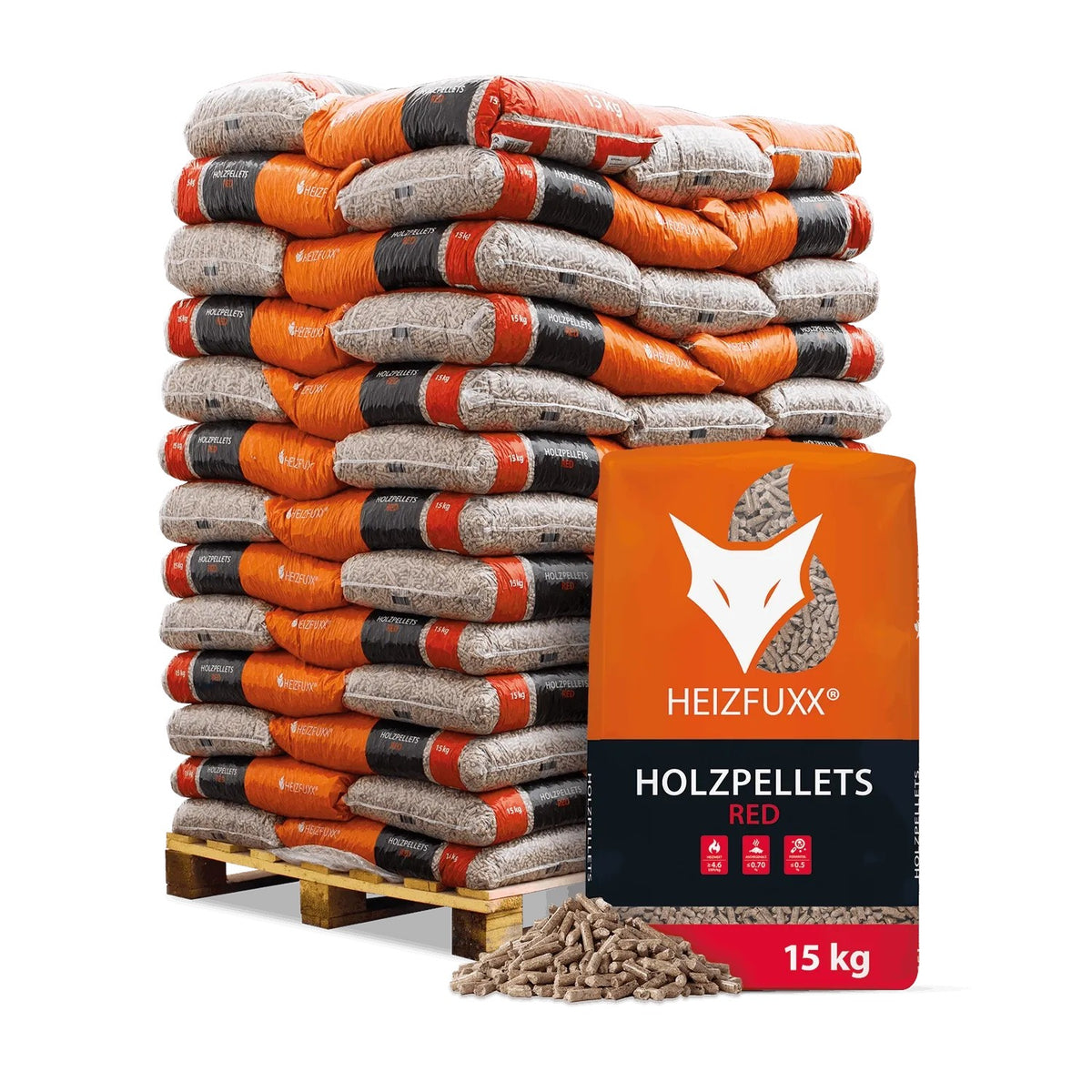 Palette Heizfuxx Holzpellets Red, 65x15kg Säcke auf Holzpalette, mit Pellets-Haufen. Ideal für Heizanlagen.