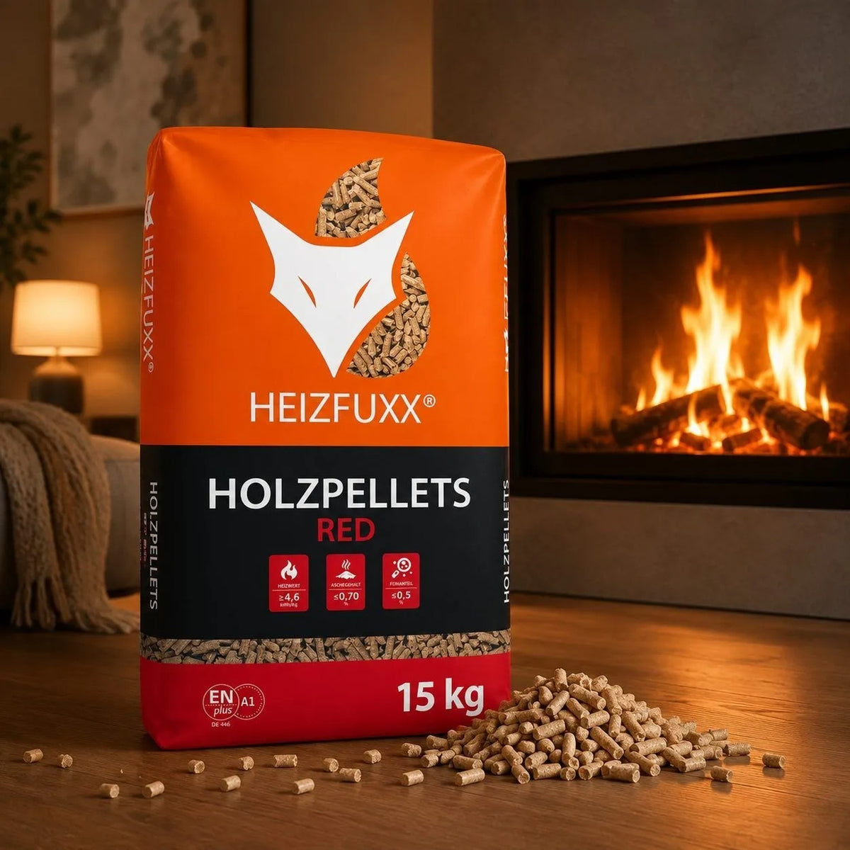 Orangefarbener Sack Heizfuxx Holzpellets Red 15 kg auf Holzboden vor brennendem Kamin. Einige Pellets liegen verstreut.