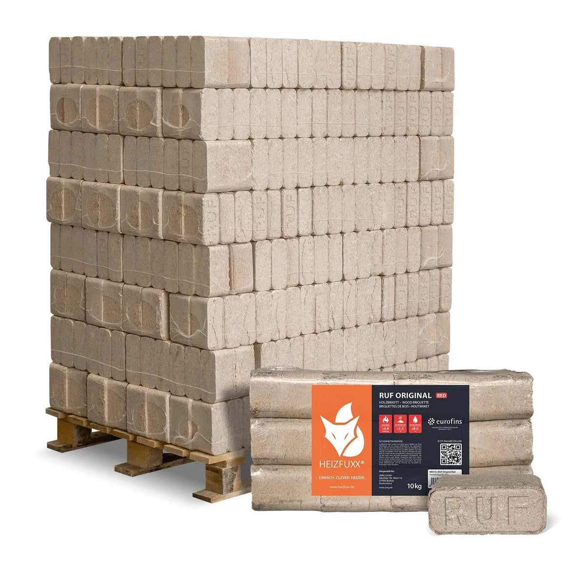 Große Palette Heizfuxx RUF Original Hartholzbriketts, 960kg. Rechteckige Brennstoff-Briketts in Packungen, für Kamin & Ofen.