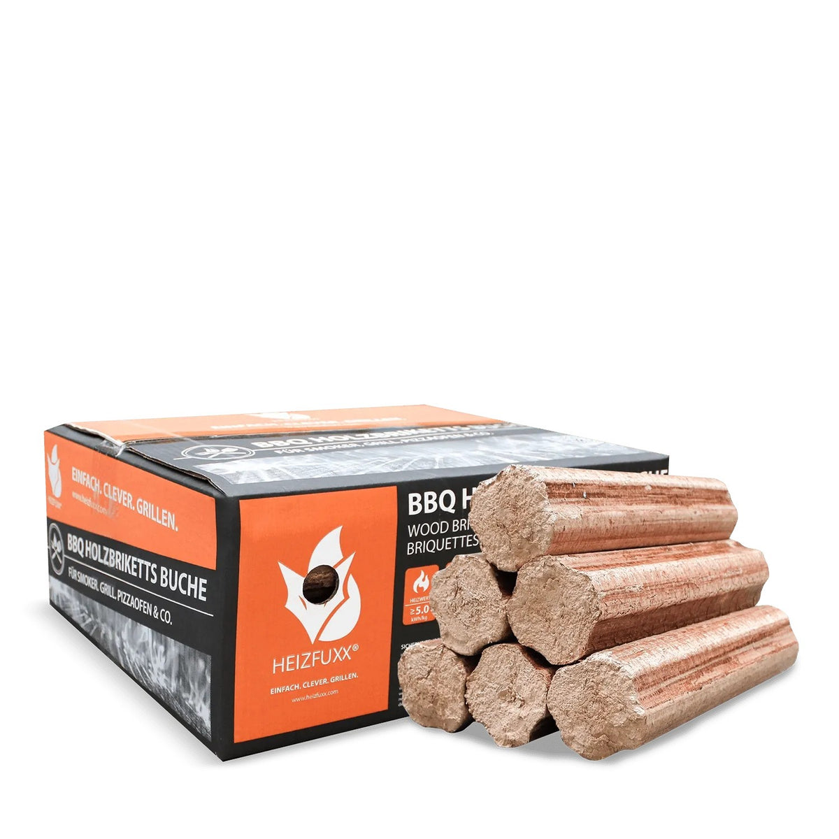 Heizfuxx BBQ Buchenholzbriketts in orange-schwarzer Packung mit gestapelten, runden Holzbriketts für Grill und Ofen.