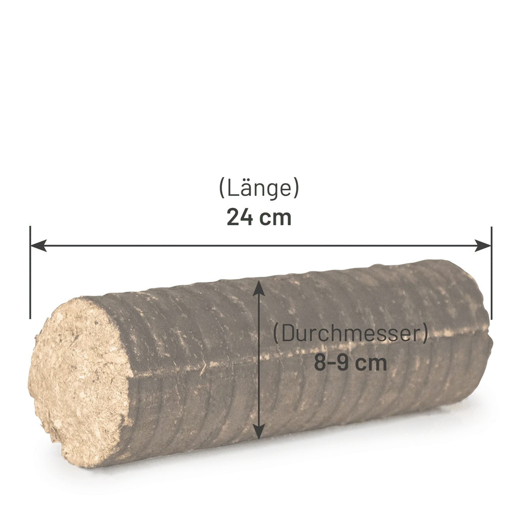 Dunkles Nestro Hartholz Brikett, zylindrisch, 24 cm lang, 8-9 cm Durchmesser. Ideal für Kamin & Ofen.