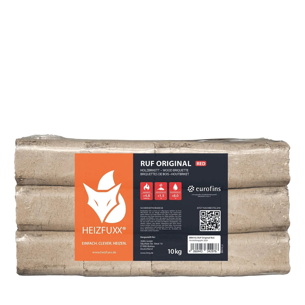 Heizfuxx RUF Original Red Hartholzbriketts, 10kg Packung, rechteckig, mit rotem Etikett. Brennstoff für Kamin.