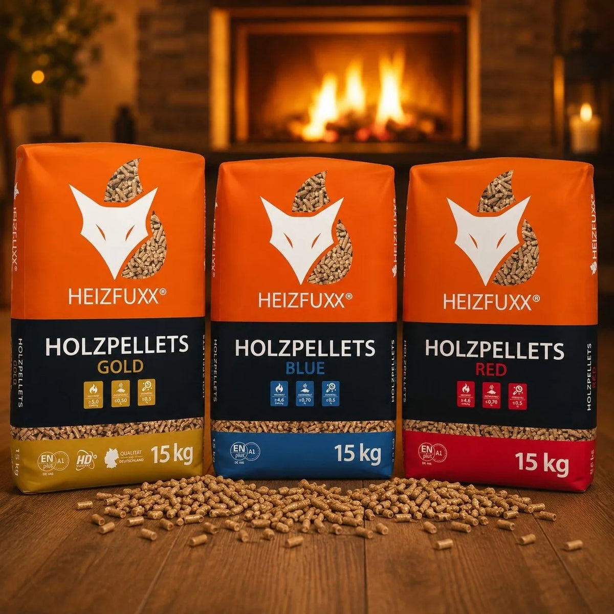 Heizfuxx Gold HD-Qualität Holzpellets Nadelholz 15kg x 65 Sack 975kg Palette