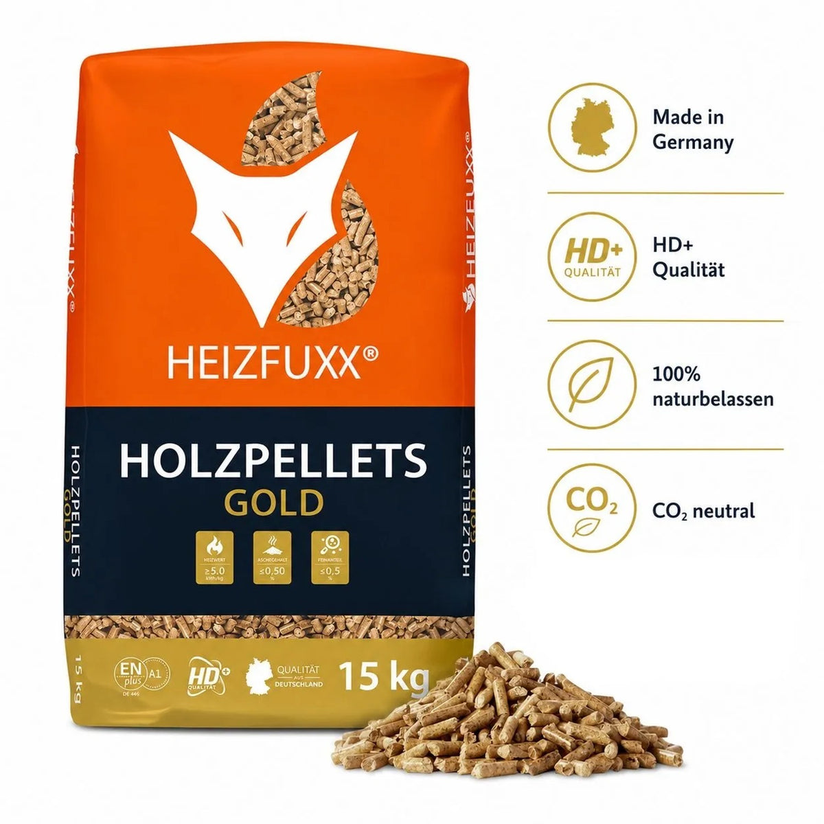 Heizfuxx Gold HD-Qualität Holzpellets Nadelholz 15kg x 65 Sack 975kg Palette
