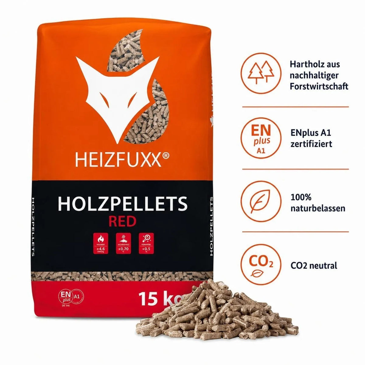 Roter Heizfuxx Holzpellets Red Sack (15kg) mit weißem Fuchs-Logo und ENplus A1 Zertifikat, daneben Hartholz-Pellets.