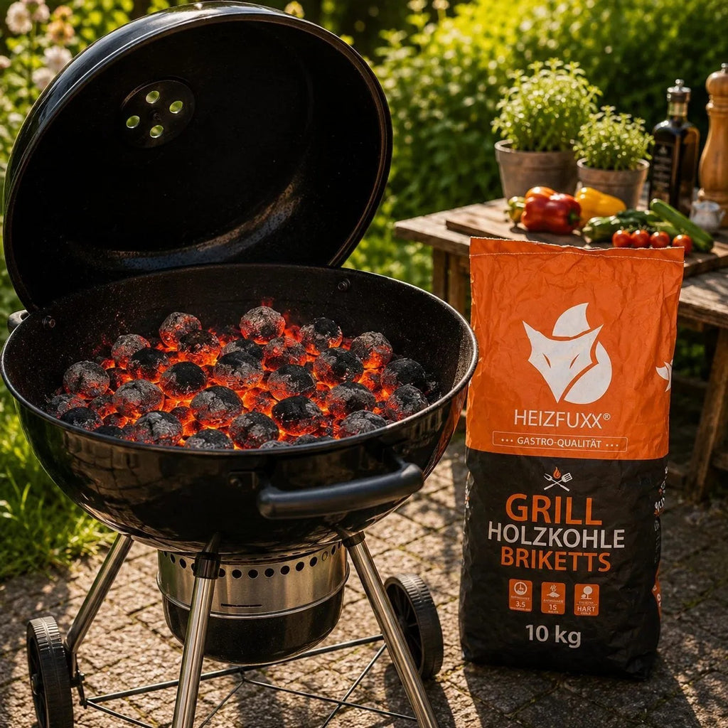 Heizfuxx Grillbriketts 10kg Sack neben glühenden Holzkohlebriketts in schwarzem Kugelgrill für Grillabende.