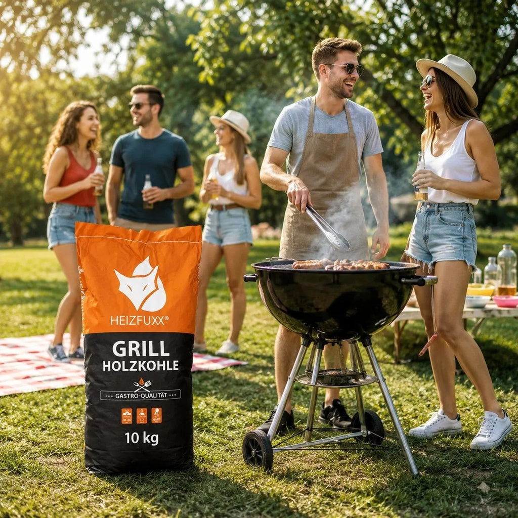 Heizfuxx Grillholzkohle 10kg im Sack vor Freunden beim Grillen im Garten. Gastro-Qualität Hartholz Brennstoff.