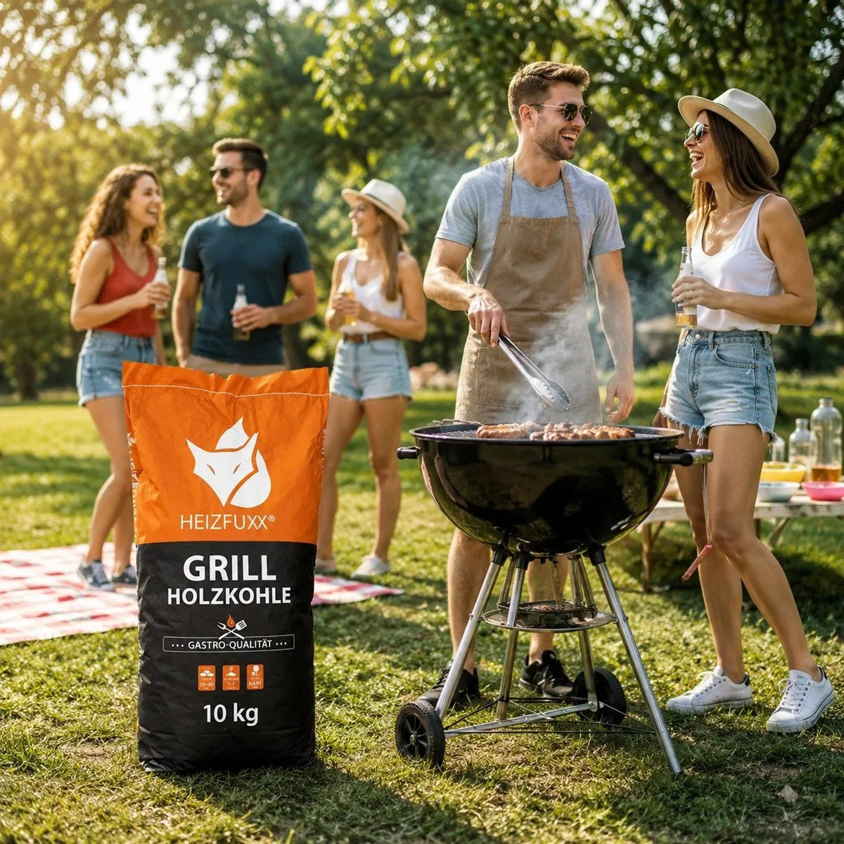 Heizfuxx Grillholzkohle 10kg im Sack vor Freunden beim Grillen im Garten. Gastro-Qualität Hartholz Brennstoff.