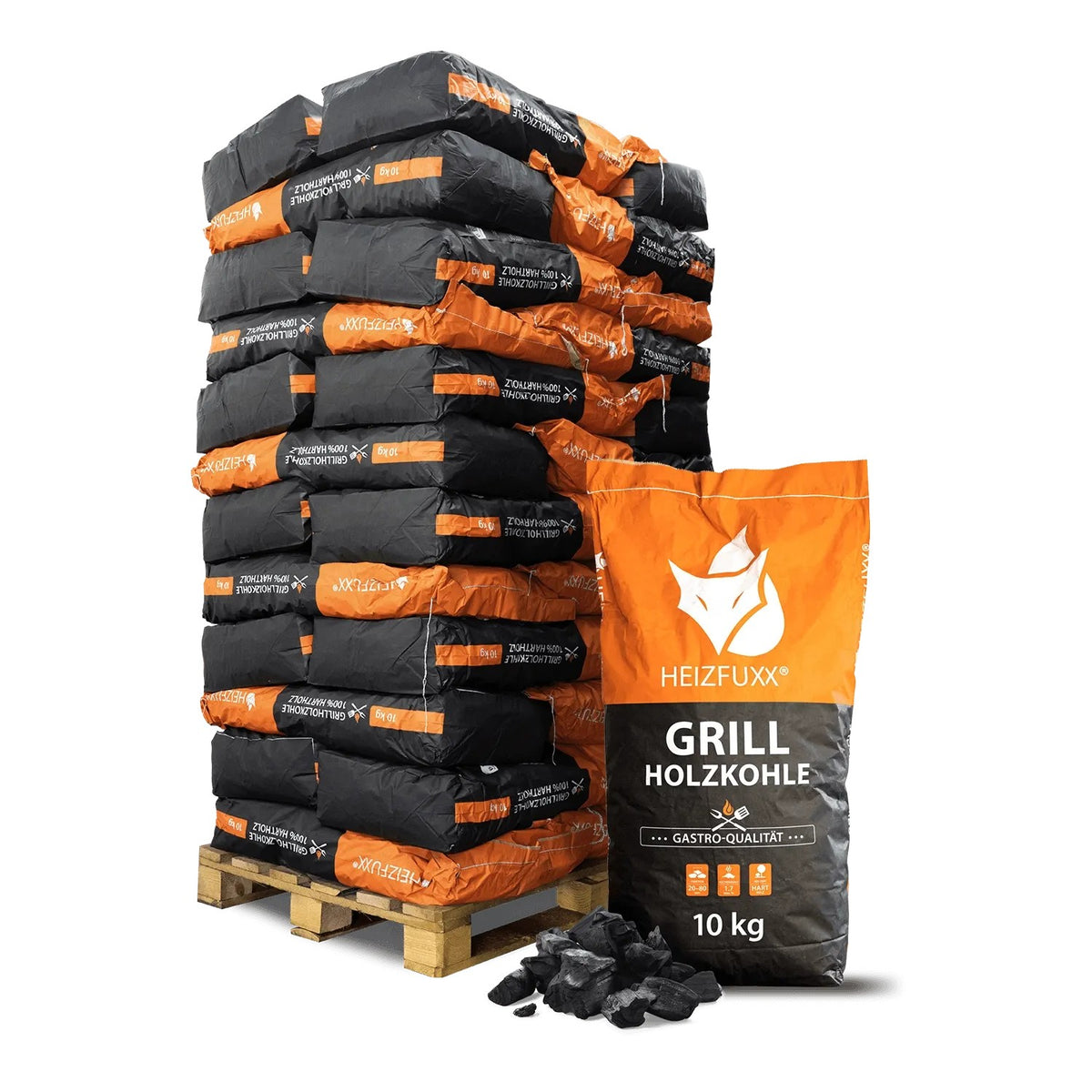 Palette mit 36 Säcken Heizfuxx Grillholzkohle in Gastro-Qualität, 10kg pro Sack, aus Hartholz für hohe Hitze.