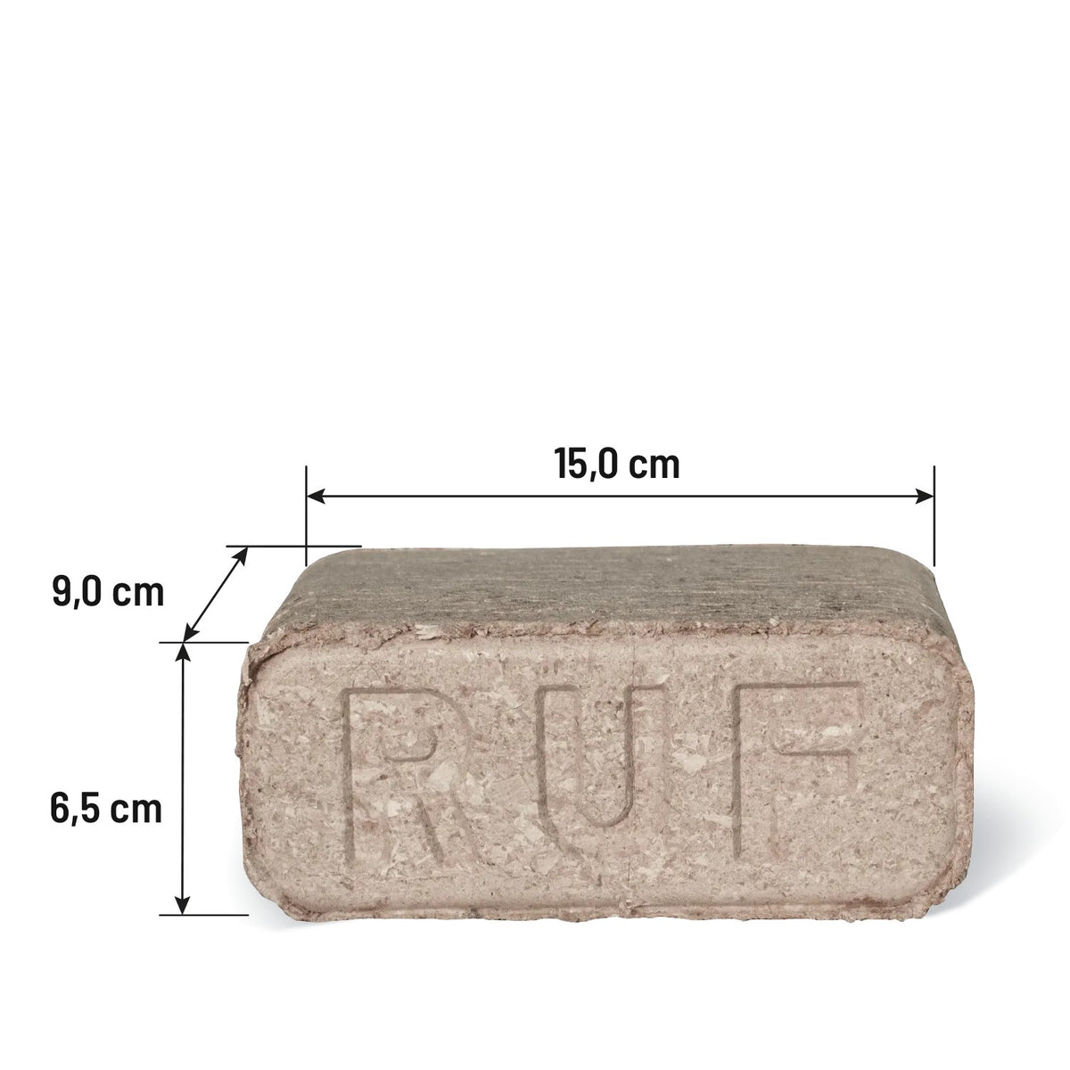 Rechteckiges RUF Hartholzbrikett als Brennstoff, hellbraun, mit "RUF" Prägung. Maße: 15x9x6,5 cm für Kamin & Ofen.