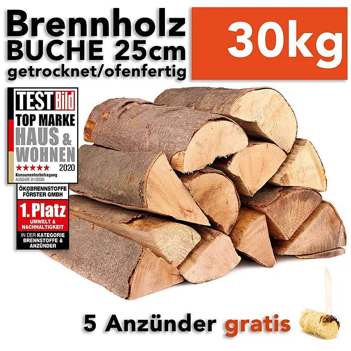 HOLZBRX Kaminholz HOLZBRX ® Brennholz Buche 25cm 1RM-Box - Buche, 500 kg - Stapel 25cm getrocknetes Buchenbrennholz, 30kg, mit 5 gratis Anzündern. Ofenfertig.