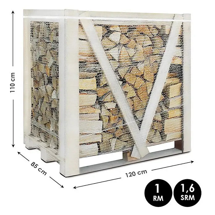 JSM Brennholz Kaminholz - Birke, 30 cm - Große Kiste gestapeltes Brennholz, in Netzfolie verpackt, mit weißem Rahmen und Maßen. Zeigt 1 RM / 1,6 SRM Volumen.