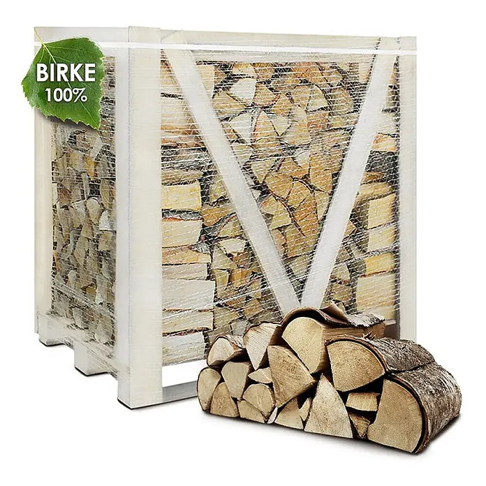 JSM Brennholz Kaminholz - Birke, 30 cm - Birkenbrennholz in einer großen Gitterbox und einem kleinen Stapel, zeigt natürliche Holzfarbe.